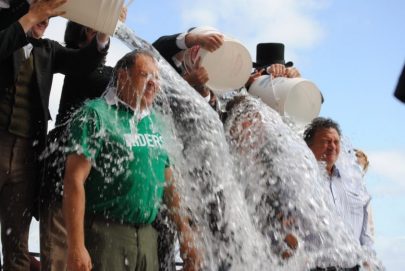 Premiers Pasloski, Clark, and Taptuna take the ALS ice bucket challenge in Charlottetown, August 29 2014 (John Michael McGrath/QP Briefing)