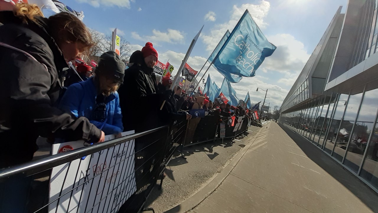 'We will shut this province down': Unions threaten general strike outside PC policy convention